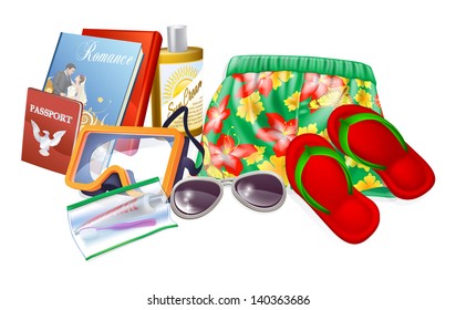 Holiday essentials illustrations. Important thing to pack for a summer holiday, vacation or trip. Includes sun cream, sunglasses, reading material, toiletries, sandals and passport