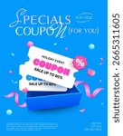 Holiday event coupon design featuring bold pink text, percentage discount icon, and gift box with floating hearts, ribbons, and confetti, promoting sales up to 80%.