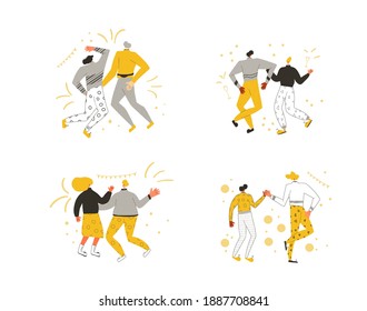 Holiday event. Different characters wearing in casual clothes dancing isolated on a white background. Friends dance and joy together set. Persons jumping and have fun. Vector color flat illustration. 