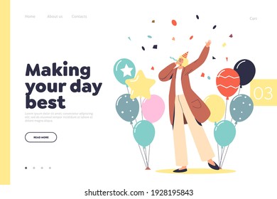 Holiday event planning concept of landing page for event agency service with happy woman celebrating birthday with confetti and colorful balloons. Flat vector illustration