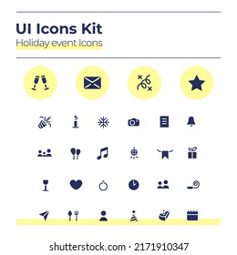 Holiday events UI icons kit. Party calender glyph vector symbols set. Birthday, wedding date. Celebration mobile app buttons in yellow circles pack. Web design elements collection