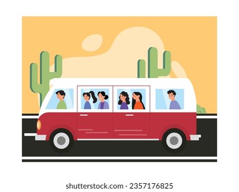 Holiday with extended family by car to destination. Spending time on weekends during hot summer trip. Character design. Vector flat illustration