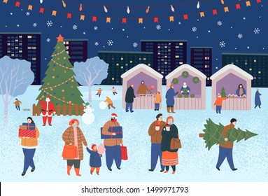 Holiday fair, christmas market at night in the park or town square with people, kiosks and a Christmas tree. People walking, buying gifts, drinking coffee, skating. Flat cartoon vector illustration  