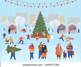 Holiday fair, christmas in the park. Big set of people in winter. People walking, buying gifts, drinking coffee, skating, skiing, making a snowman, walking dogs.  Flat cartoon vector illustration.