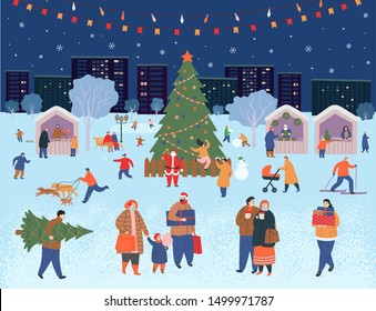 Holiday fair, christmas in the park. Big set of people in winter. People walking, buying gifts, drinking coffee, skating, skiing, making a snowman, walking dogs.  Flat cartoon vector illustration.