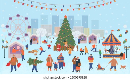 Feria de vacaciones, Navidad en el parque. Gran grupo de personas en invierno. Gente caminando, comprando regalos, tomando café, patinando, esquiando, haciendo un muñeco de nieve, paseando perros. Dibujo vectorial plano.