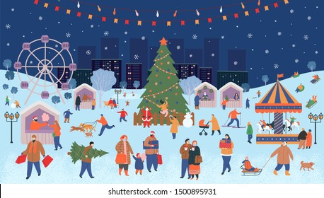 Holiday fair, christmas in the park. Big set of people in winter. People walking, buying gifts, drinking coffee, skating, skiing, making a snowman, walking dogs.  Flat cartoon vector illustration.