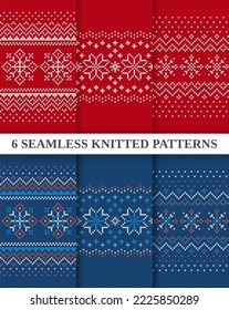 Holiday fair isle traditional ornament set. Christmas seamless patterns collection. Knitted sweater textures red and blue. Xmas winter background. Knit prints. Wool pullover. Vector illustration