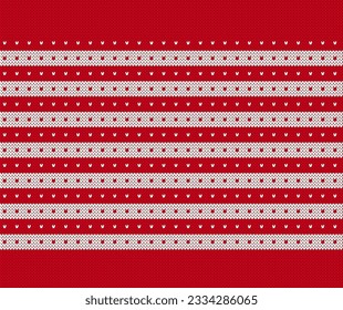 Holiday fair isle traditional print. Knit seamless pattern. Dots and stripes christmas ornament. Red knitted sweater texture. Xmas festive background. Vector illustration.