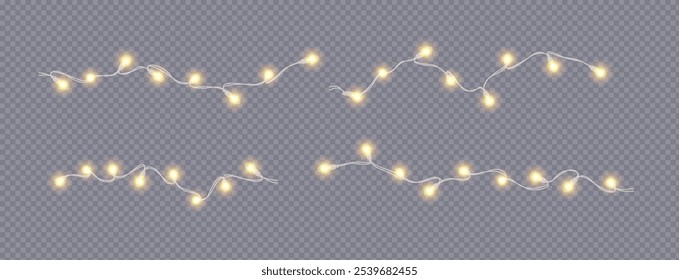 Holiday fairy lights golden glowing realistic icons vector set. Christmas party ornament with lamps garlands 3d objects illustrations on transparent