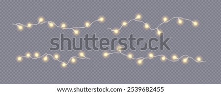 Holiday fairy lights golden glowing realistic icons vector set. Christmas party ornament with lamps garlands 3d objects illustrations on transparent