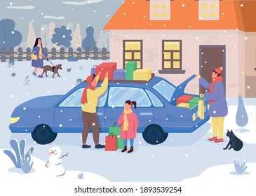 Holiday family shopping flat color vector illustration. Parents with daughter take Christmas presents from car. Family with purchases 2D cartoon characters with cityscape on background