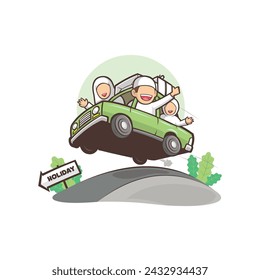 Holiday family trip by car vector art illustration flat design isolated. Islamic cartoon