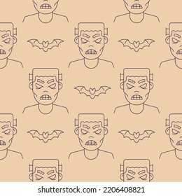 Holiday, fantasy and holiday concept. Seamless pattern of bat and zombie on beige background. Perfect for wrapping, fabric, textile, wallpapers, giftboxes, postcards