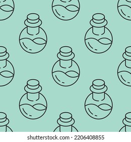 Holiday, fantasy and holiday concept. Seamless pattern of potion on turquoise background. Perfect for wrapping, fabric, textile, wallpapers, giftboxes, postcards 