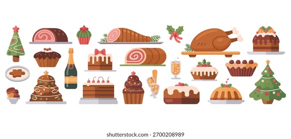 Holiday feast vector set featuring Christmas turkey, sweet treats, pies, gingerbread, and hot drinks — flat illustration isolated on white background, perfect for winter holiday menus, party planning,