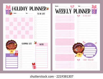 Holiday female planner. Organizer, month calendar, weekly plan, to-do, shopping list, habit tracker and notes with black ethnic girl. Vector vertical template for New Years, Christmas, festive design