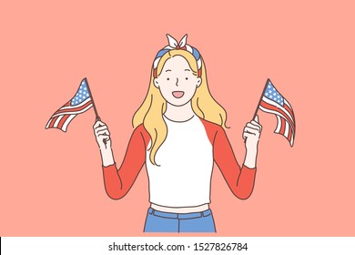 Holiday, festival, patriotism concept. Young excited happy woman or girl holds a USA flag celebrating and congratulating. Lady in a great mood takes a selfie. Freedom, Democracy, Independence. Vector