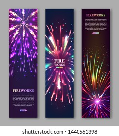 Holiday festival show web banners with bursting fireworks series. Festive commercial advertising template with copyspace. Realistic dazzling display of fireworks on dark background vector illustration