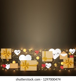 Holiday festive background with gift boxes and decorative elements, birthday, valentine, christmas card, vector illustration
