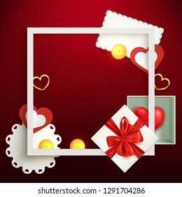 Holiday festive background template, gift boxes and confetti composition frame, birthday, valentine, christmas, vector illustration