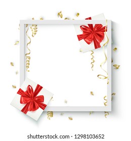 Holiday festive background template, gift boxes and confetti composition frame, birthday, valentine, christmas, vector illustration