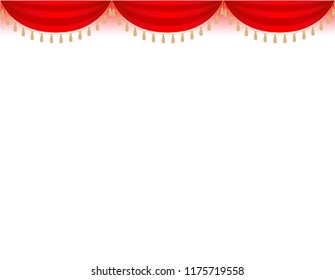Holiday festive border frame with red curtains mockup design element, decoration.