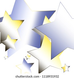 Holiday Festive Confetti Vector illustration. Explosion of stars from yellow blue grey white gradient mesh on white. Iridescent holographic background. Celebration decorations, packaging, posters