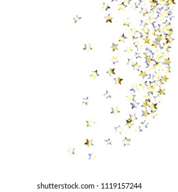 Holiday Festive Confetti Vector illustration. Explosion of stars from yellow blue grey white gradient mesh on white. Iridescent holographic background. Celebration decorations, packaging, posters