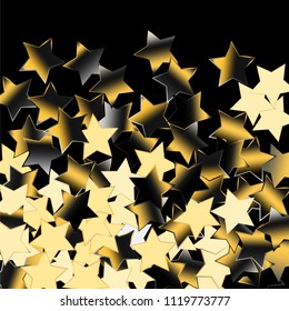 Holiday Festive Confetti Vector illustration. Explosion of platinum chrome metal stars from gradient mesh on black. Iridescent holographic background. Celebration decorations, packaging, posters