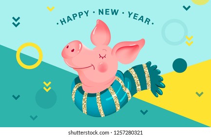 Holiday festive geometric card with cute pig. Happy New Year 2019, cartoon piglet wearing a scarf, pudgy character symbol on colorful background. Vector illustration for party invitation, social media