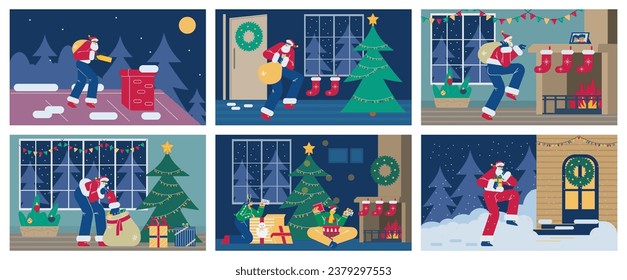 Holiday festive Secret Santa gift exchange cards or banners set, flat cartoon vector illustration. Secret Santa Claus character for holiday cards and invitations.