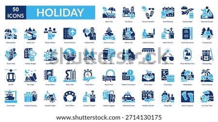 Holiday Fill Icon Set. Beach Trip, City Break, Summer Vacation, Travel, Booking, Holiday Flight, Mountain Escape