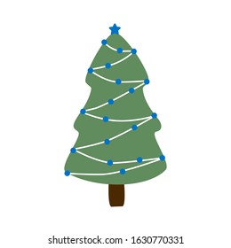 Holiday fir in flat style symbol. Cartoon Christmas tree in garlands isolated on white background. Green conifer simple vector illustration