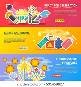 Holiday fire, crackers show set of vector business banners