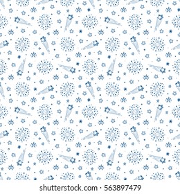 Holiday Firework background.  Festive party Wallpaper. Hand Drawn doodle Fireworks and Stars Seamless Pattern Vector illustration.