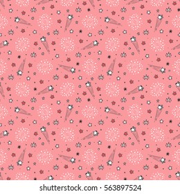 Holiday Firework background.  Festive party Wallpaper. Hand Drawn doodle Fireworks and Stars Seamless Pattern Vector illustration.