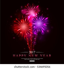 Holiday firework background. Happy New Year 2017 greeting card. Vector illustration.