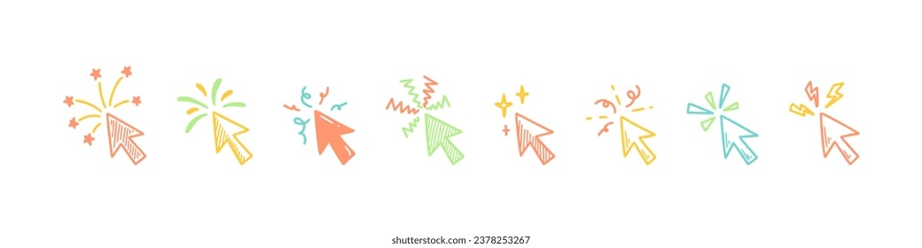 Ametrallador de vacaciones, punteros de flecha brillante y brillante. Cursor de clic en garabato. Feliz Navidad y feliz elemento de diseño de año nuevo. Ilustración del vector de esbozo festivo