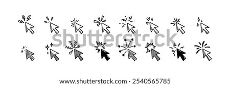 Holiday firework, sparkle and glitter arrow pointers. Doodle click cursor. Merry Christmas and happy new year design element. Festive sketch vector illustration