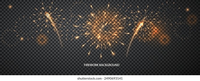 Holiday Firework Vector horizontal greeting banner. Gold fireworks in night sky. Festive lights dark background with effect bokeh for design of holiday poster and celebratory flyer