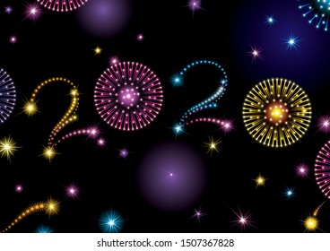 Holiday fireworks background. Vector greeting card with many stars and fireworks on night dark sky.  Figure 2020 like fireworks stars. 