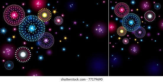 Holiday fireworks. Horizontal and vertical vector holiday backgrounds with many stars and fireworks on night dark sky.