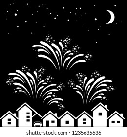 Holiday fireworks icon. Beautiful firework splashes over city skyline on night sky background. Vector Illustration
