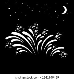 Holiday fireworks icon. Beautiful firework splashes for parties, festivities and celebrations on night sky background. Vector Illustration