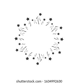 Holiday fireworks round frame with stars and glitter dots on white background. Starry circle label for text. Vector  background for card, invitation, wallpaper.