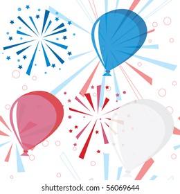 Holiday fireworks seamless pattern with balloons. Vector illustration.