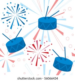 Holiday fireworks seamless pattern with drums. Vector illustration