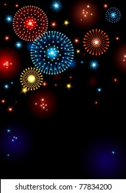 holiday fireworks. Vertical vector holiday background with many stars and fireworks on night dark sky.