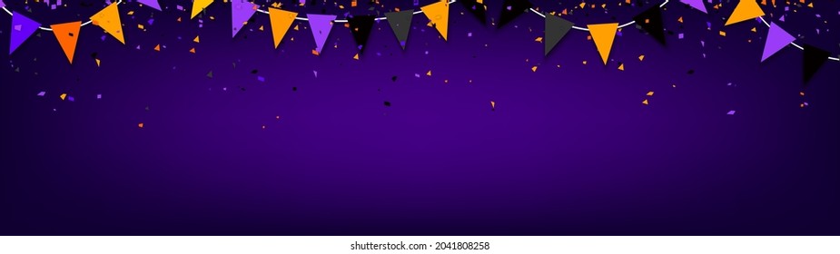 Holiday flags garland and colorful confetti. Purple banner background. Vector illustration.